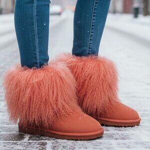 Bearpaw Boo Raspberry Pink Shearling Wool Line Curly Lamb Fur Mongolian Boots 8
